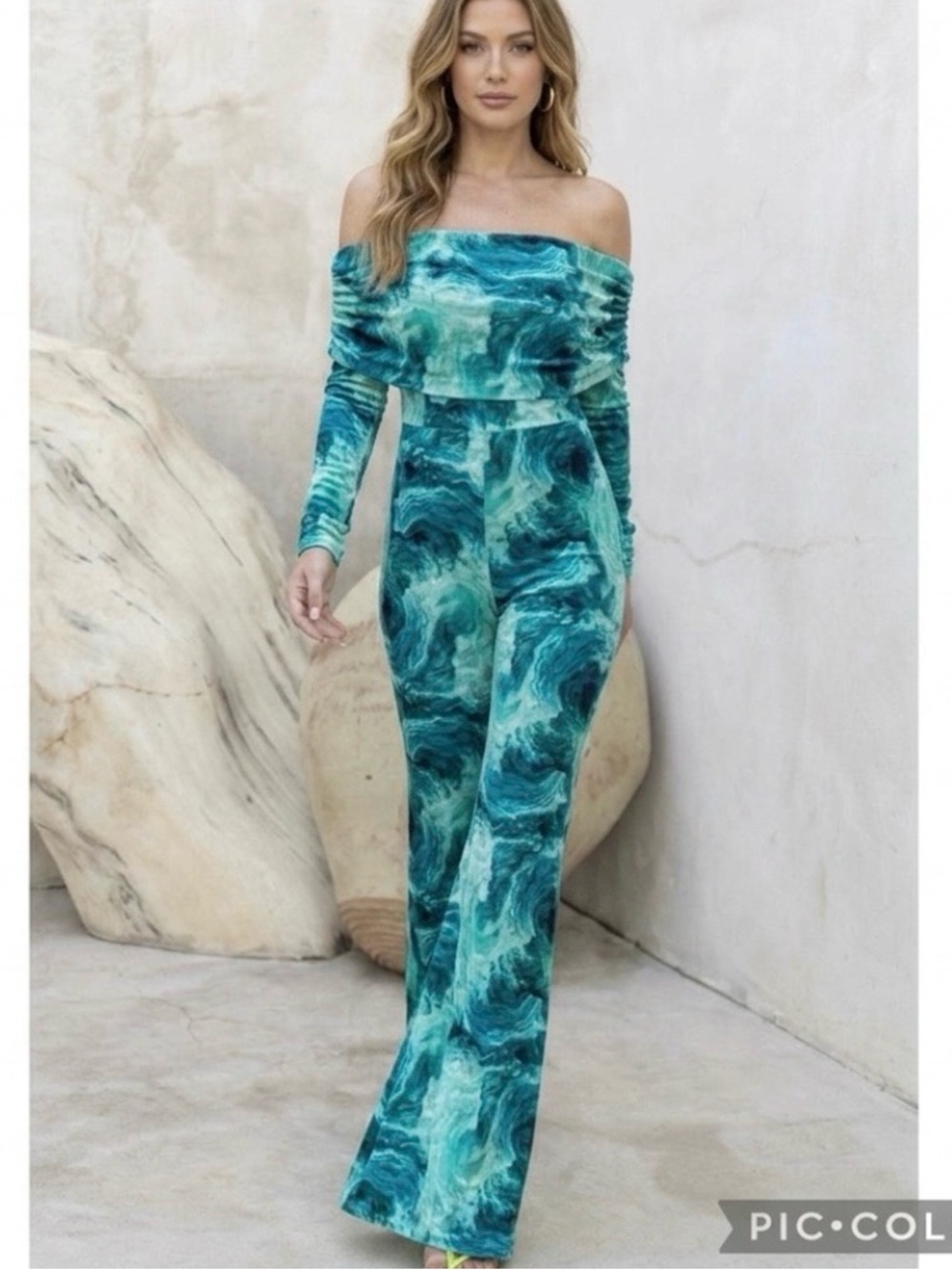 Club L London Bardot Jumpsuit Off the Shoulder Flared Mesh Blue Mint Glam NWT 2